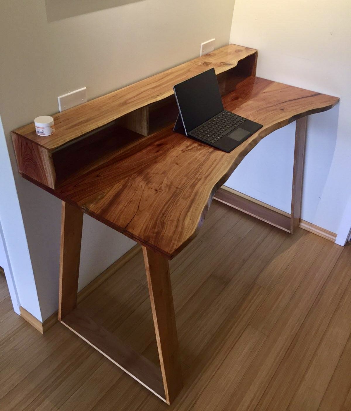 Live-edge hardwood desk with cubby shelf